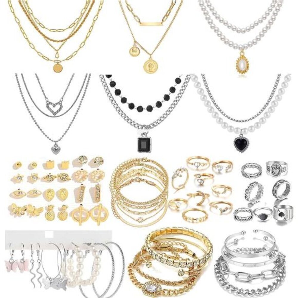 Mixed Jewelry Set – Gold, Silver & Pearl Necklaces, Bracelets, Rings & Earrings